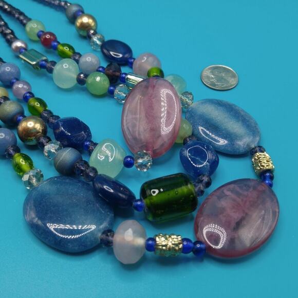 Chico’s Three Strand Gemstone Glass Beaded Necklace Blue Green Purple 22” - Picture 5 of 10